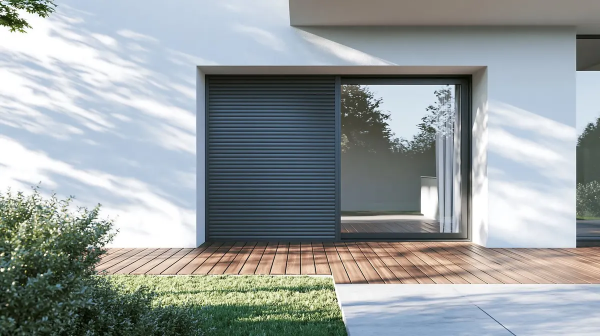 Volet roulant gris anthracite fermé devant une baie vitrée de maison contemporaine, ouvrant sur une terrasse en bois ensoleillée